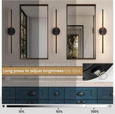 Bathroom vanity with mirrors and wall lights, adjustable brightness control overlay.